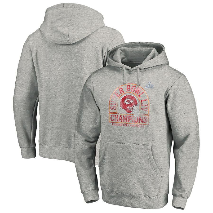 Men Kansas City Chiefs NFL Pro Line by Fanatics Branded Super Bowl LIV Champions Kickoff Pullover Hoodie Heather Gray->kansas city chiefs->NFL Jersey